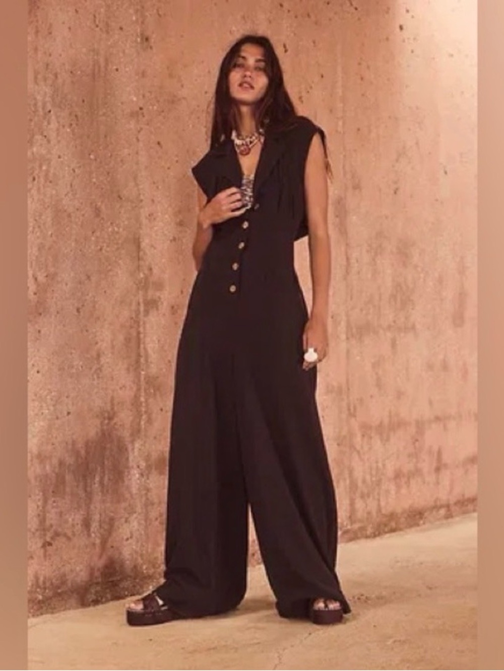 Free People FP Beach Black Sleeveless Button-Front Wide-Leg Jumpsuit. Size M